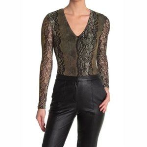 AFRM Long Sleeve Green and Black Snakeskin Print Bodysuit with Snap Closure